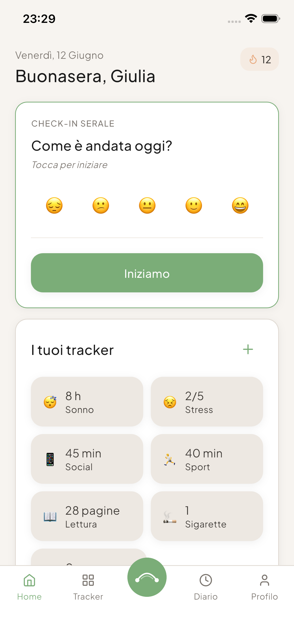 La home di nufa con il check-in della sera e i tracker del giorno